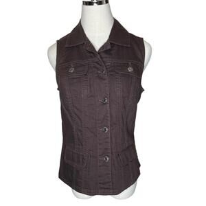 Chico’s Platinum Size Small(4) Brown Denim Collared Vest Embroidered and Sequin